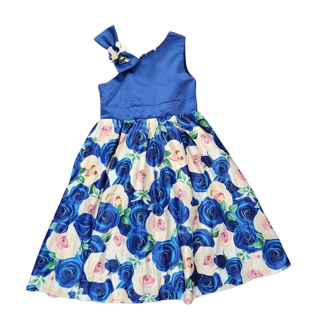 Girls 10-year blue cream Rose silky formal puffy sleeveless dress fancy princess